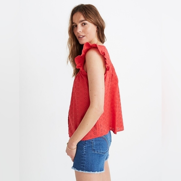 🍒 Madewell Red Eyelet Ruffle-Sleeve Bib Top . Size XXS - Picture 4 of 16